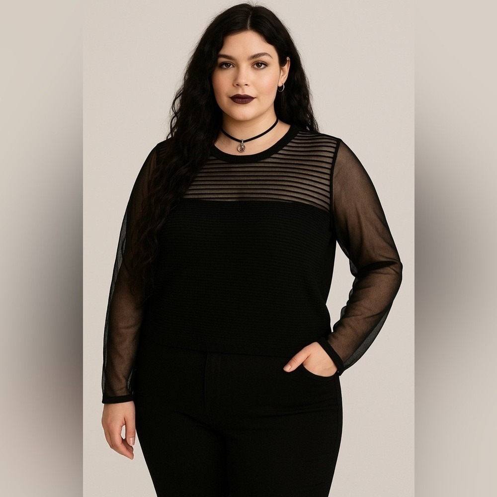 Eloquii Black Sheer Mesh Knit Top 14/16 Dark Feminine Romantic Fairy Whimsigoth